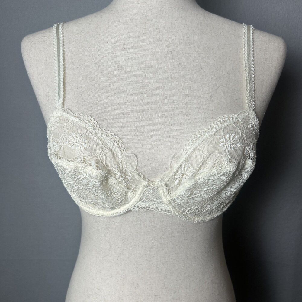 Wacoal Bra 34B Luscious Lace Sheer Underwire‎ Embroidered Beige Off White 65197